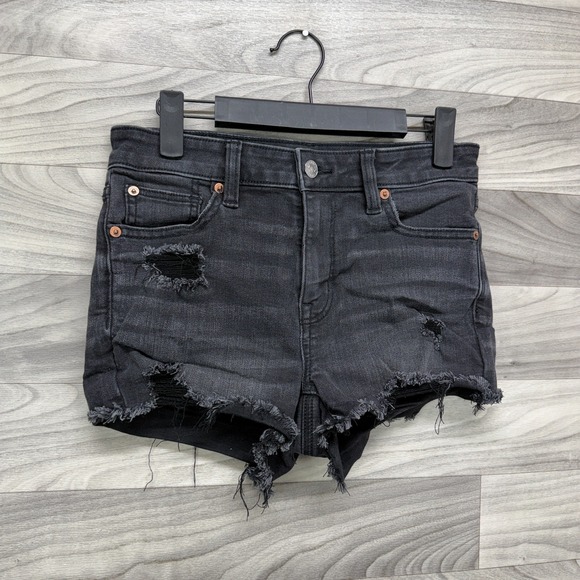 American Eagle Outfitters Cutoff Shorts Women 2 Black Denim Distressed Stretch - Picture 6 of 12